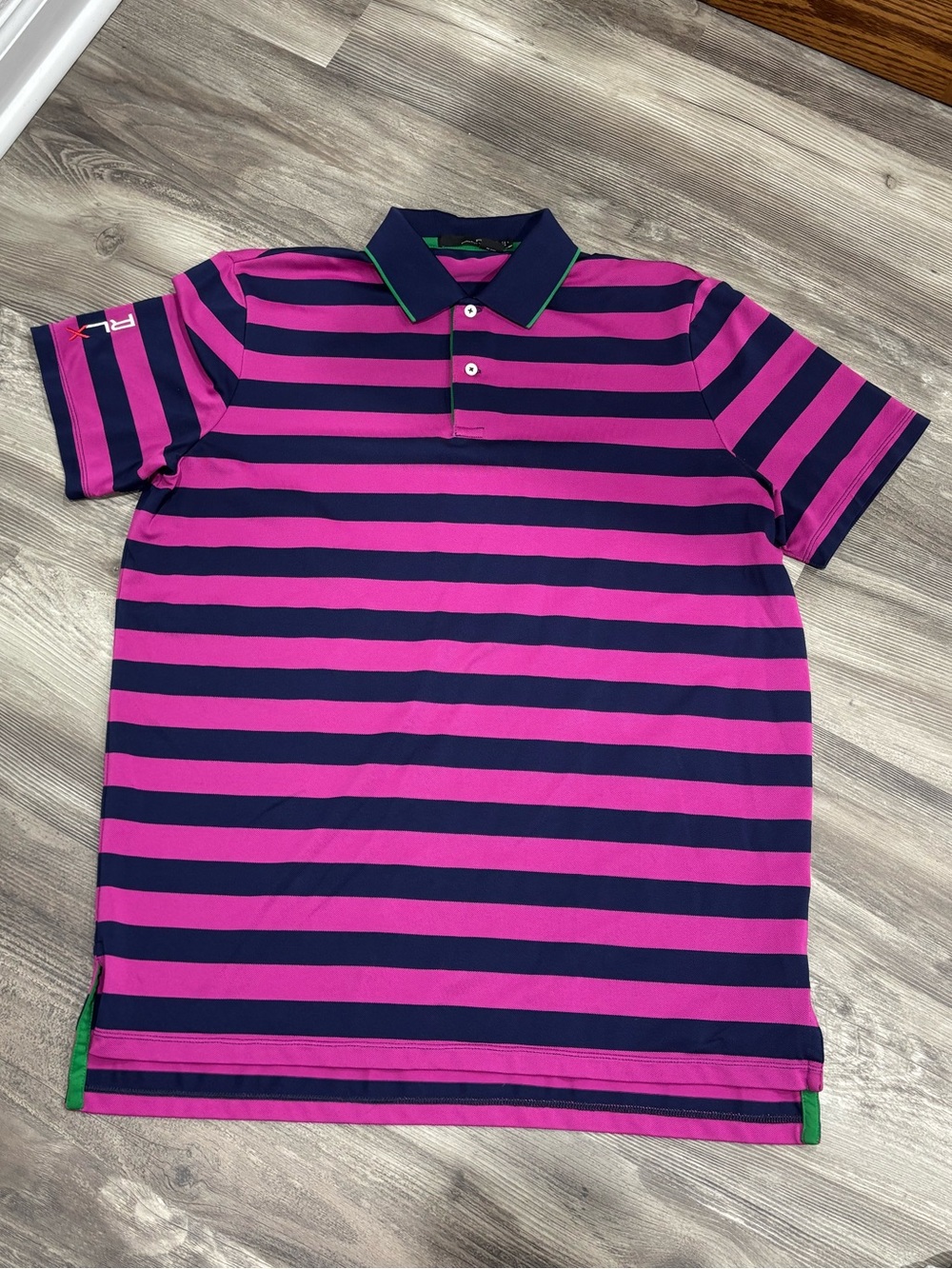 RLX Ralph Lauren Men’s Pink & Navy Striped Golf Polo